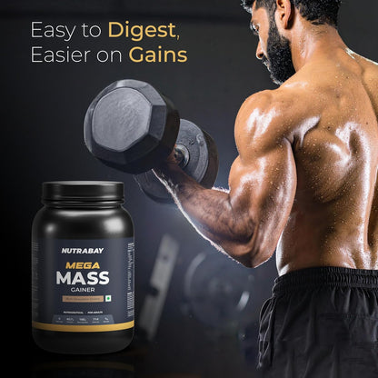 Man lifting a dumbbell with a Nutrabay Mega Mass Gainer supplement in the foreground on a dark background.