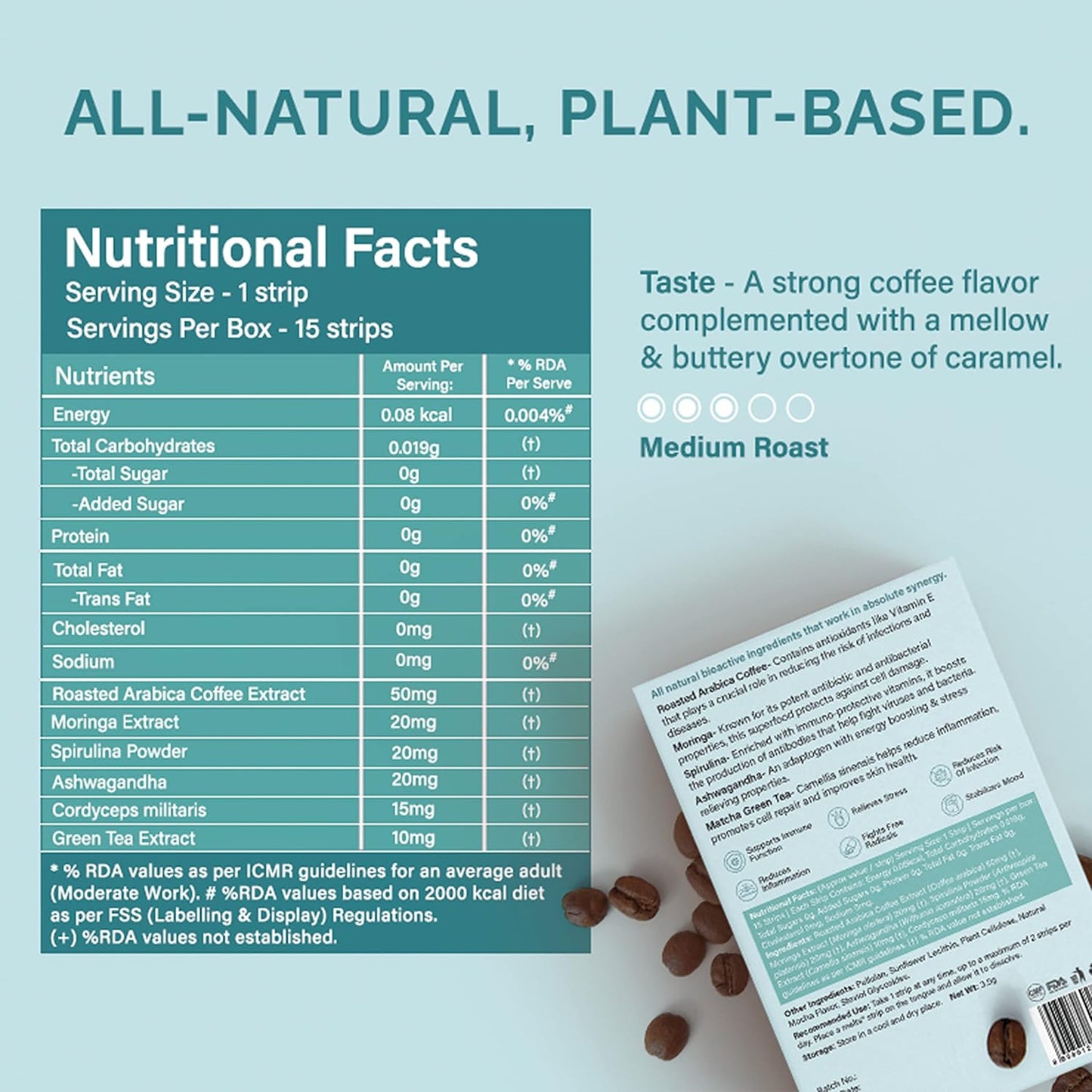 Wellbeing Nutrition Melts Superfood Latte | Arabica Coffee, Spirulina, Ashwagandha & Moringa for Holistic Health, Immune Support & Stress Relief | Caramel Latte Flavor (15 Oral Strips)
