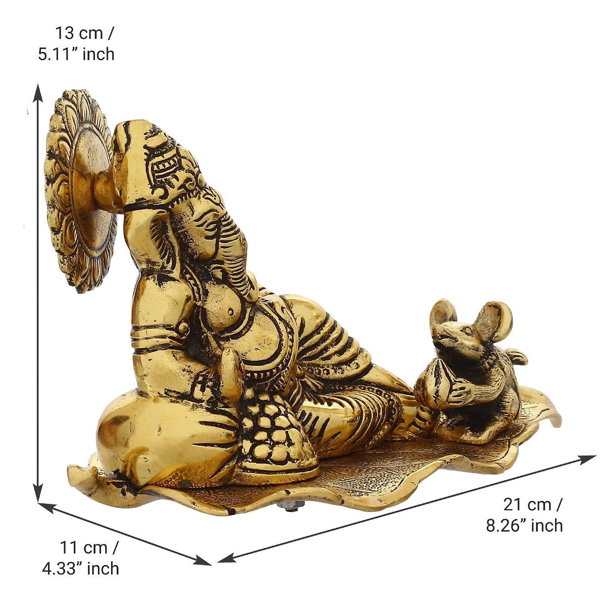 Golden Metal Lord Ganesha Statue Sitting On a Leaf with Mouse | Ganesha Idol for Home Decor Car Dashboard | Ganpati Murti Gift for Diwali Housewarming