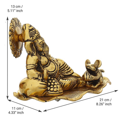 Golden Metal Lord Ganesha Statue Sitting On a Leaf with Mouse | Ganesha Idol for Home Decor Car Dashboard | Ganpati Murti Gift for Diwali Housewarming