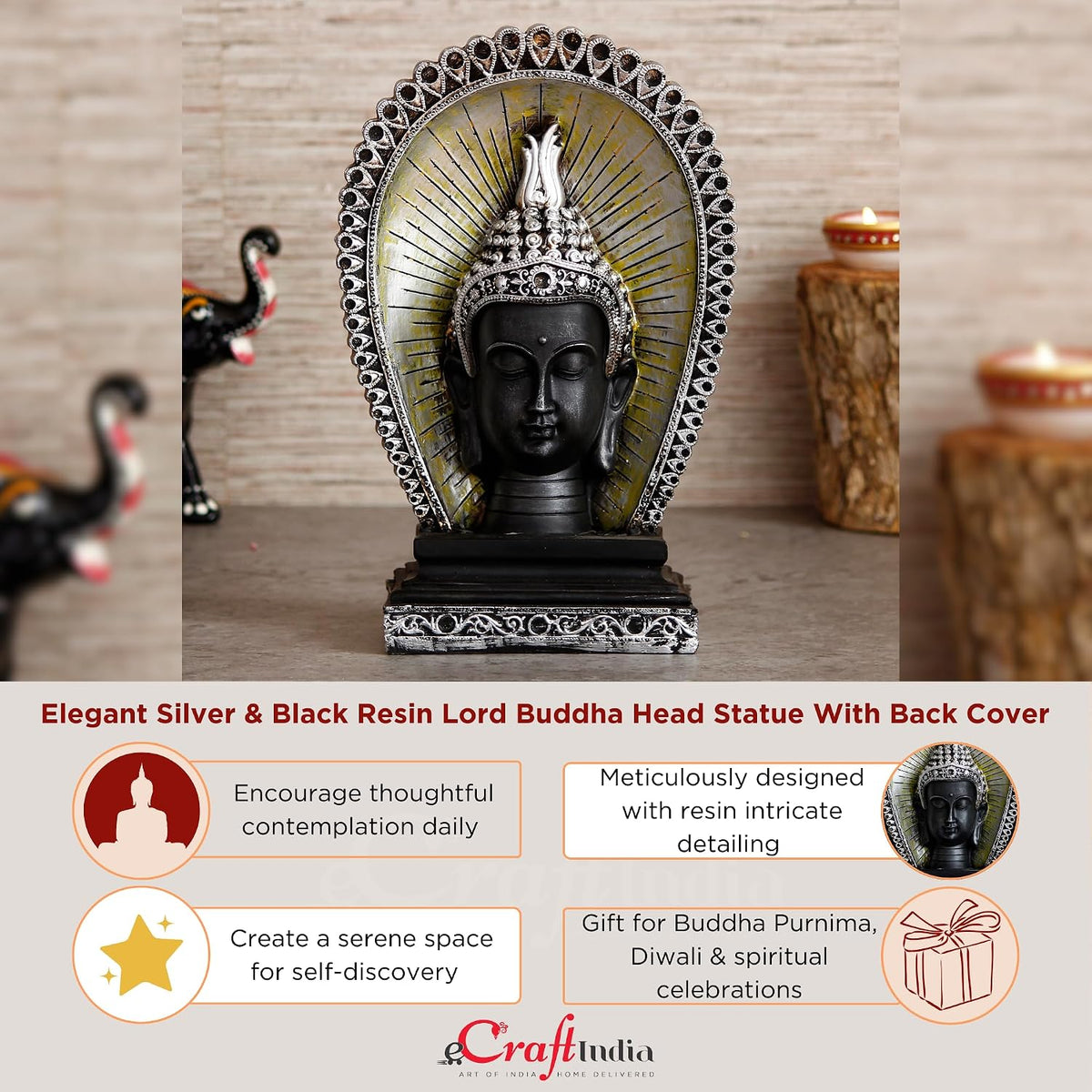 Silver Black Resin Lord Buddha Head Statue with Back Cover | Buddha Idol for Home Decor Living Room Office | Buddha Statue Gift for Diwali Housewarming Buddha Purnima Birthday