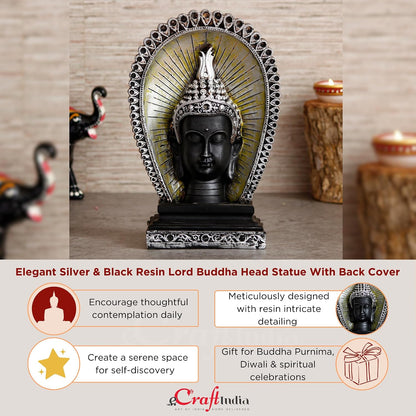 Silver Black Resin Lord Buddha Head Statue with Back Cover | Buddha Idol for Home Decor Living Room Office | Buddha Statue Gift for Diwali Housewarming Buddha Purnima Birthday