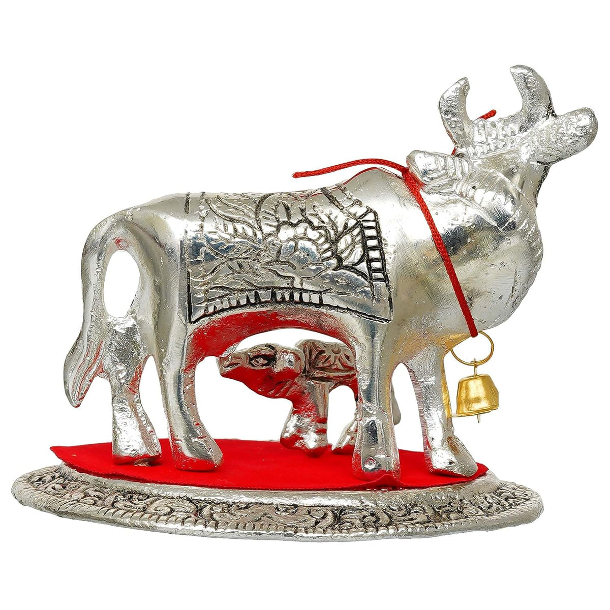 Metal Silver Kamdhenu Cow and Calf Statue | Animal Figurine Decorative Showpiece| Cow with Calf Idol for Home Office Temple | Gift for Diwali Housewarming Birthday
