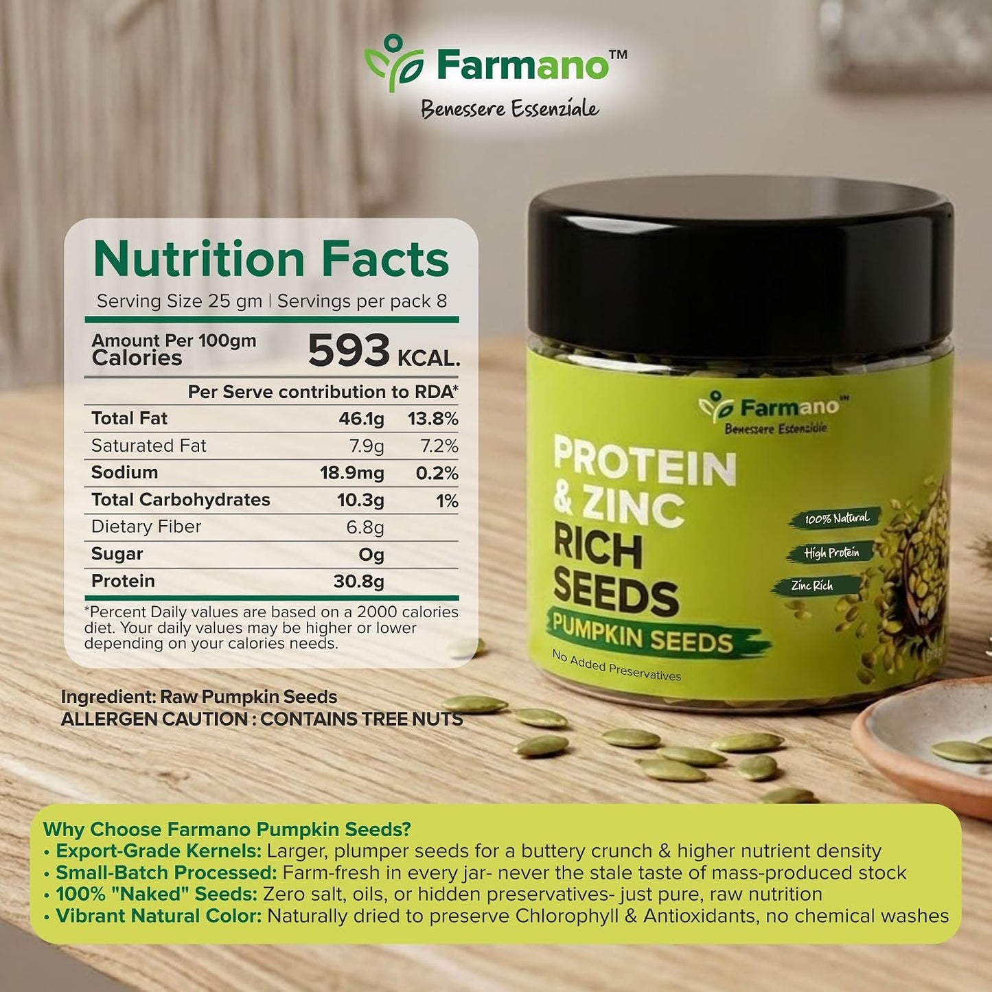 Farmano Raw Pumpkin Seeds | Unroasted | Premium | High Protein | 200g
