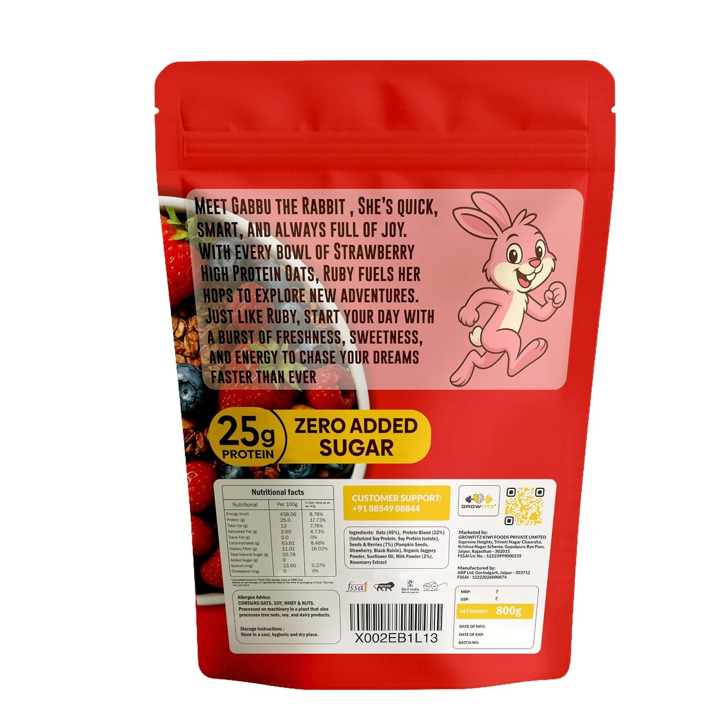 GrowFitz 25g High Protein Oats 800 Gram | Strawberry Flavor Breakfast Oatmeal | 12g High Fiber, Almonds, Raisin, Pumpkin, Chia Seeds, Super Rolled Oats | Healthy Fats, No Added Sugar (Pack of 1)