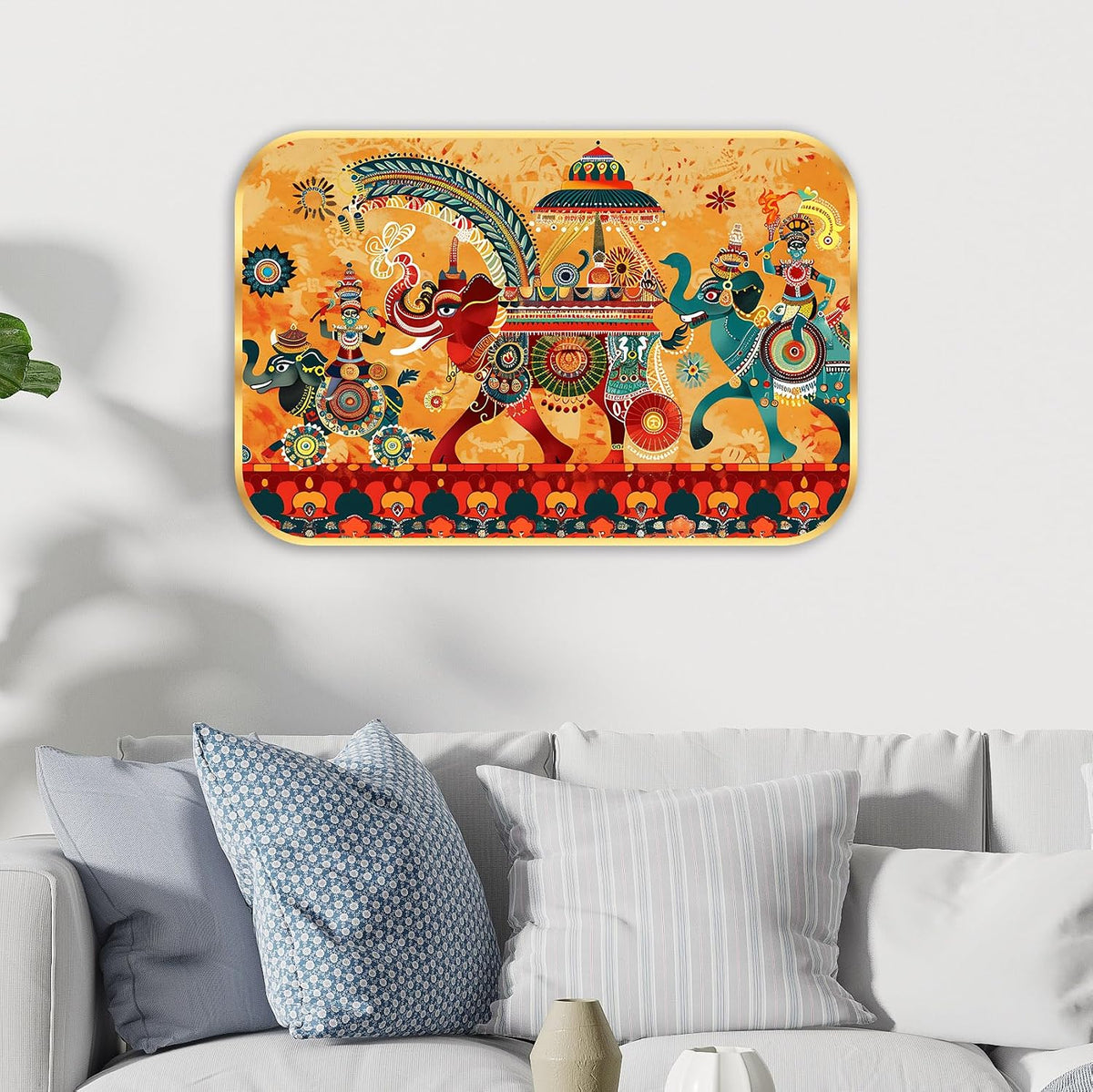 elephant modern art Premium Sparkle Lamination Finished Surface Golden Slim Frame 35 cm x 28 cm Large Size, For Home/Office/Hotel painting KG46