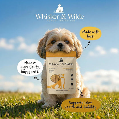 Whisker and Wilde Dehydrated Chicken Jerky | Dog Treats | Natural Joint Support with Turmeric | Dental Chew | Training and Reward | No Preservatives | 70g