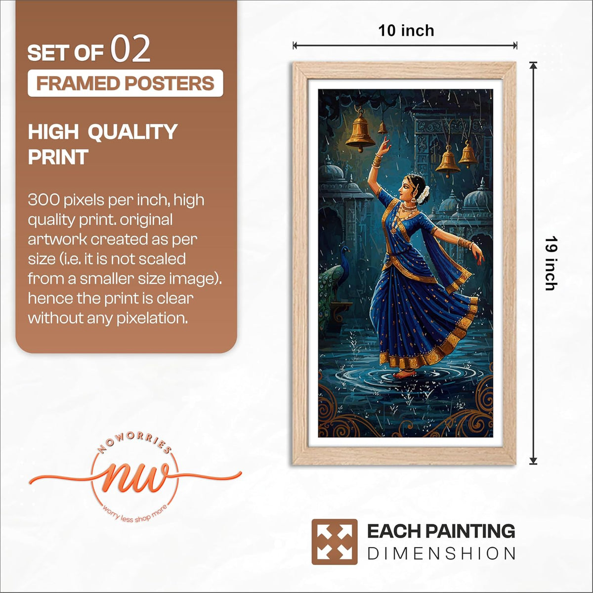 Classical Indian Dance Wall Art Set of 2 Frames Prints | Traditional Bharatanatyam Kathak Dance Framed Painting, Peacock & Temple Theme Artwork Frame| Premium Cultural Wall Decor for Living Room Bedroom Office Home (Art-5, 10x19inch, Wooden)