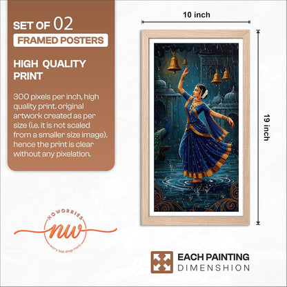 Classical Indian Dance Wall Art Set of 2 Frames Prints | Traditional Bharatanatyam Kathak Dance Framed Painting, Peacock & Temple Theme Artwork Frame| Premium Cultural Wall Decor for Living Room Bedroom Office Home (Art-5, 10x19inch, Wooden)
