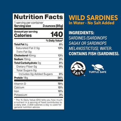 Wild Planet Wild Sardines in Water, No Salt Added, Tinned FIsh, Sustainably Wild-Caught, Non-GMO, Kosher, Gluten Free, Keto and Paleo, 4.4 Ounce, Single Unit