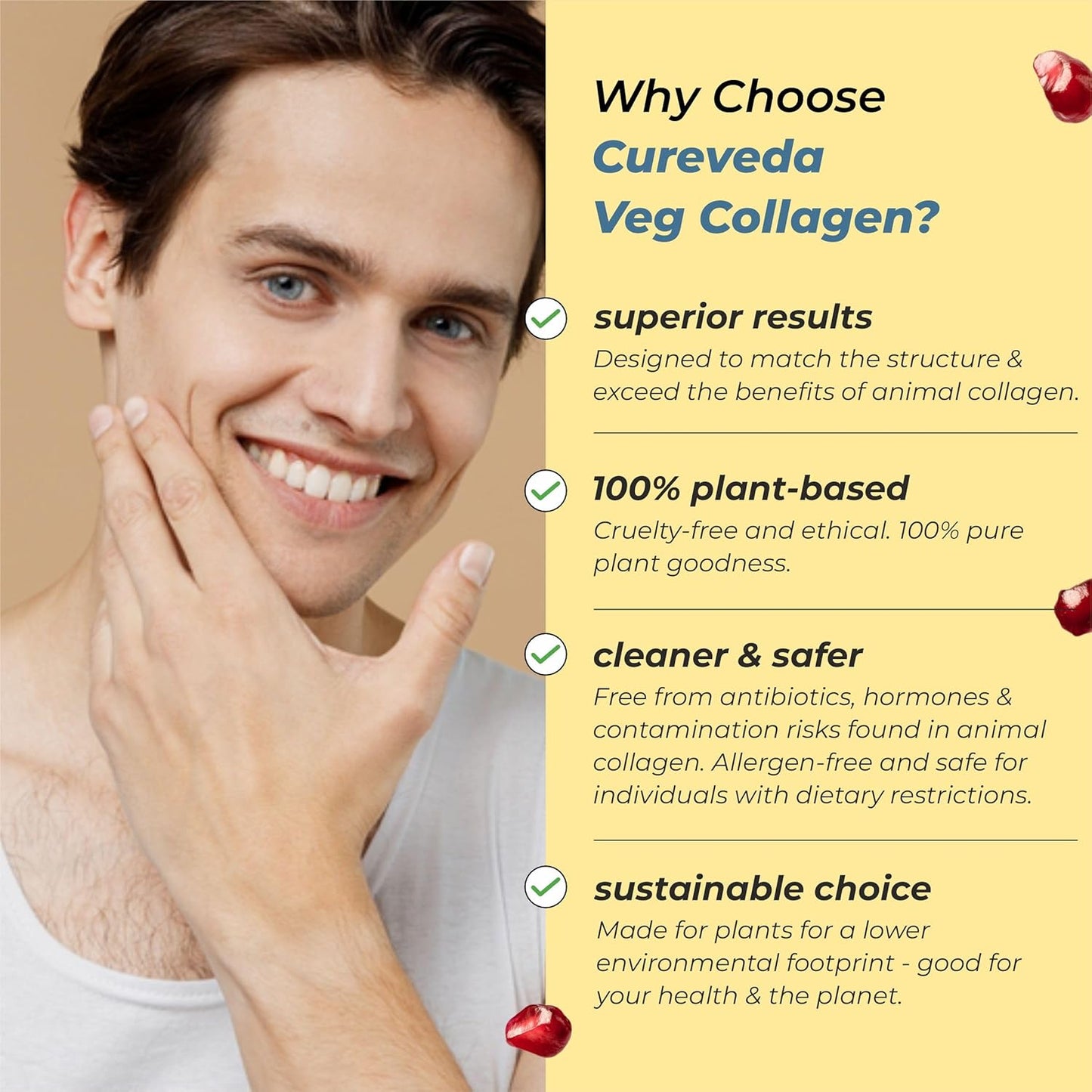 Man touching his face with a beige background and text about Cureveda Veg Collagen benefits.