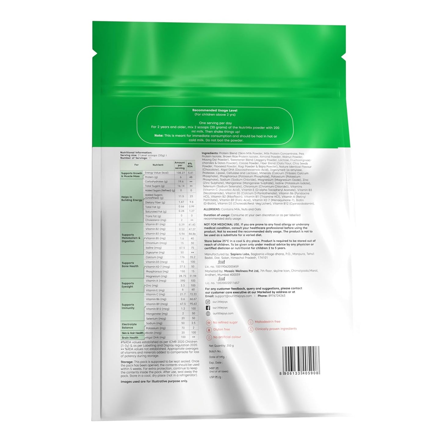 Little Joys Nutrimix Nutrition Powder Refill Pouch 350g | 2-6 Years | Chocolate Flavour