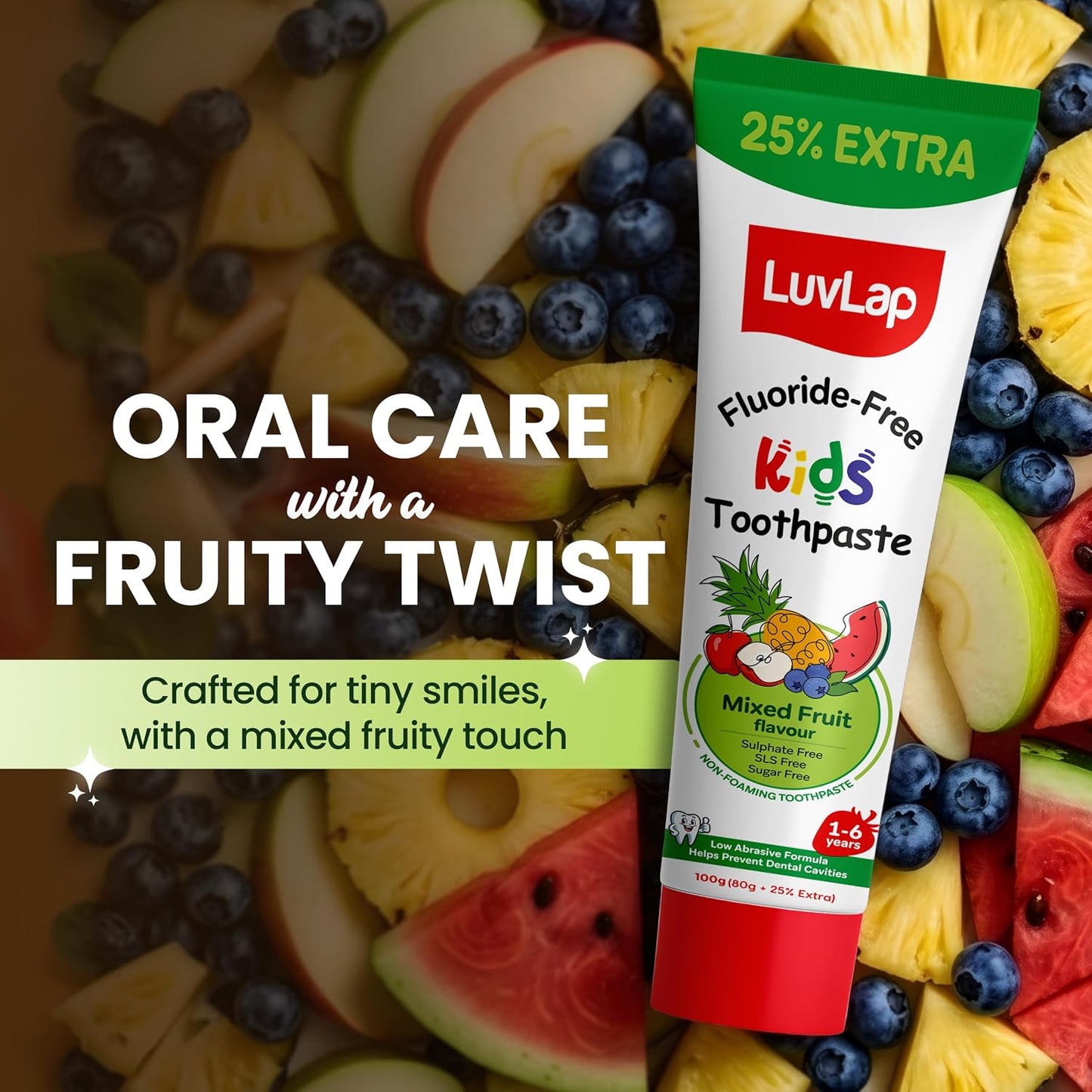 LuvLap Baby Toothpaste for Kids 80gm + 25% Extra, Mix Fruit Flavour, SLS & Fluoride Free Baby Toothpaste, Removes Plaque, Prevents Bacteria & Cavities, Ensures Healthy Teeth & Gums, 12M+(Pack of 1)