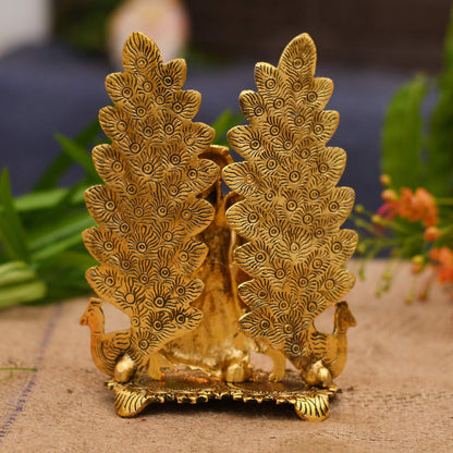 Collectible India Peacock Design Radha Krishna Idol Showpiece with Diya for Puja and Home Decor (7 x 5 Inches), Metal, Gold (1 Piece)