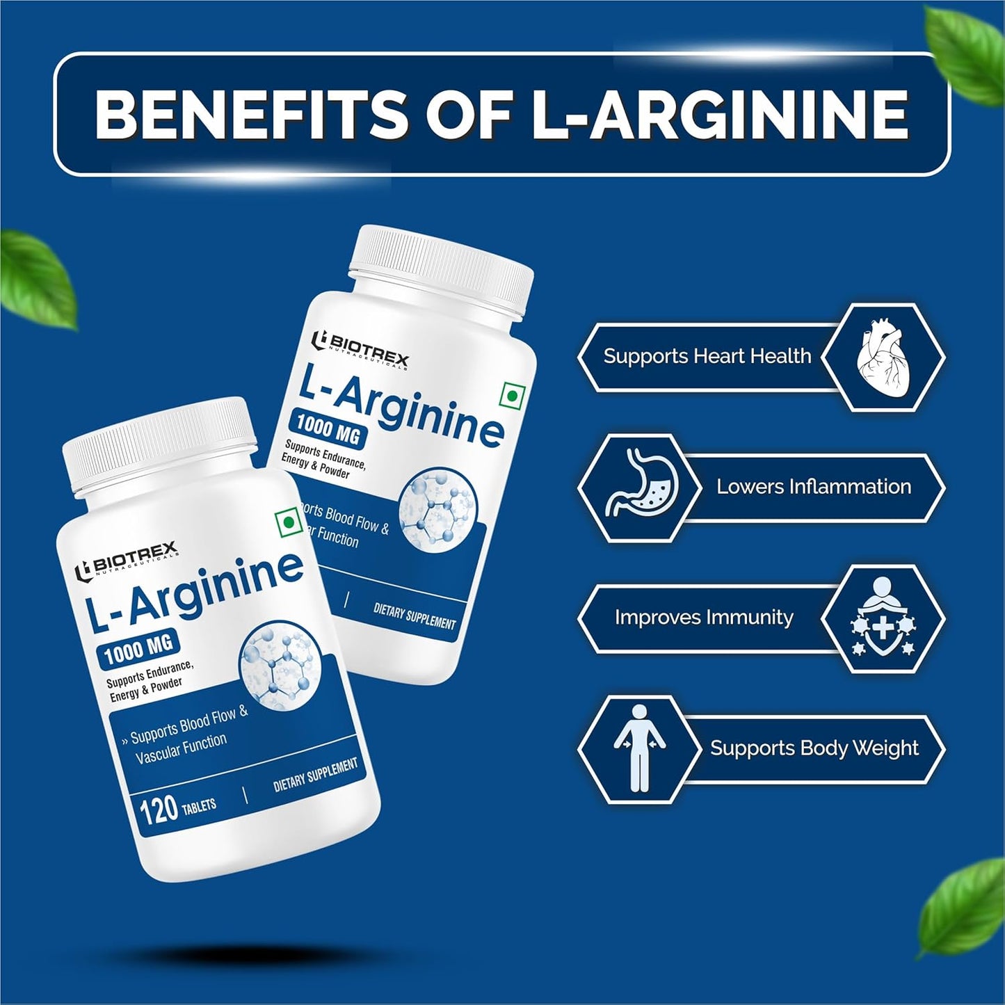 Biotrex Nutraceuticals L-Arginine 1000mg Supplement | Nitric Oxide Booster & Muscle Growth | Blood Flow & Heart Health | Pre Workout | Non-GMO | 120 Tablets