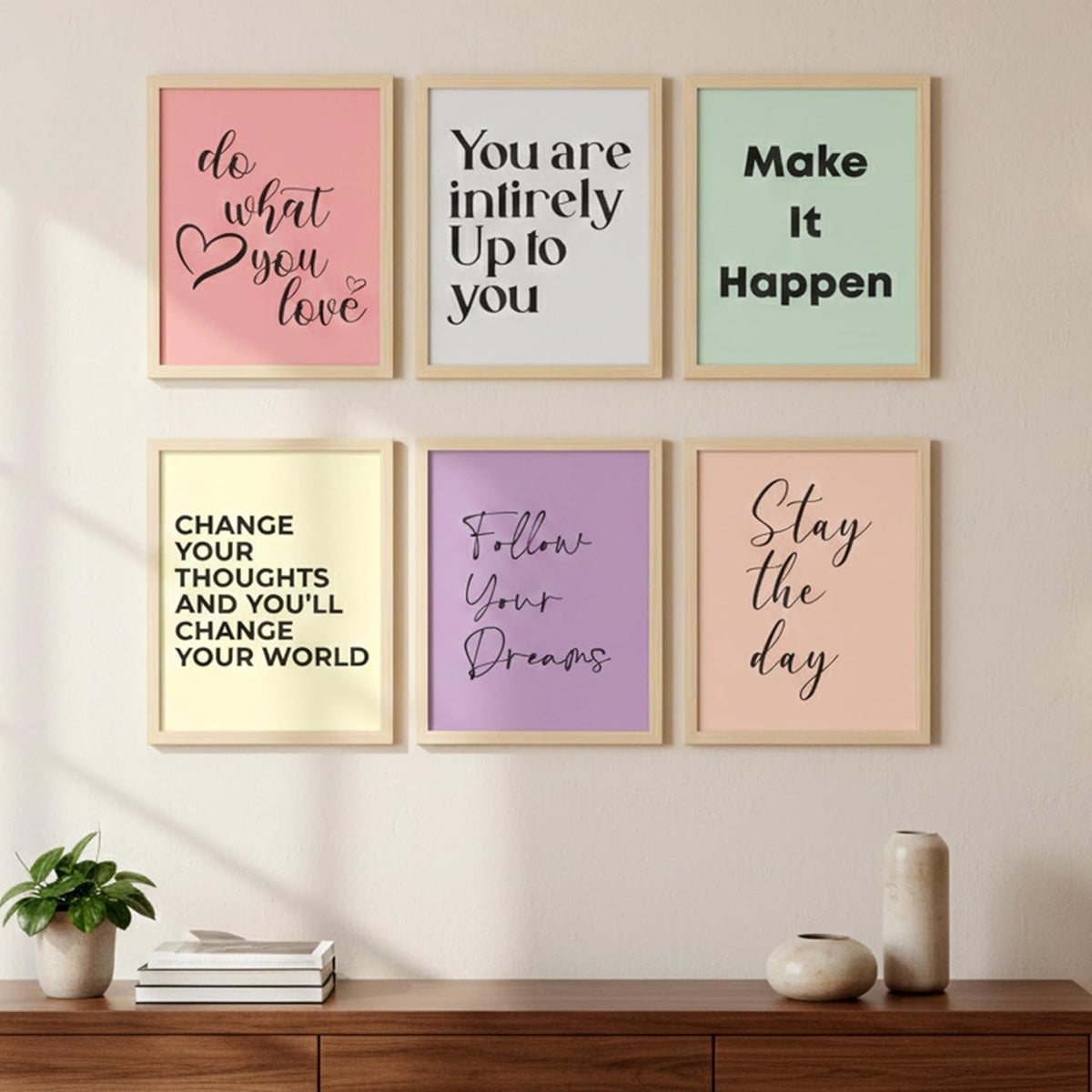 Aesthetic Motivational Quote Frames For Living Room, Bedroom, Multicolor, Inspirational Natural Posters Frame Wood Color Frames, 12.0 x 9.0 inch, Set of 6