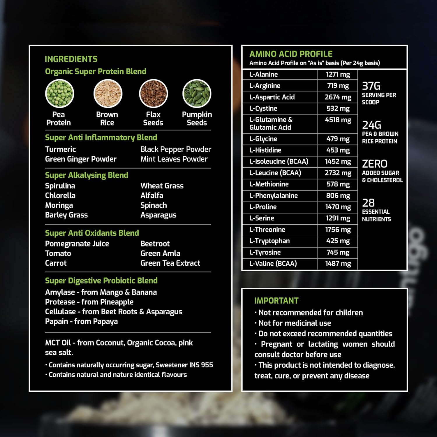 Nutritional information and ingredient list for a protein supplement on a dark background