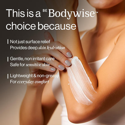 Person applying a skincare product to their arm with text highlighting Bodywise brand features.