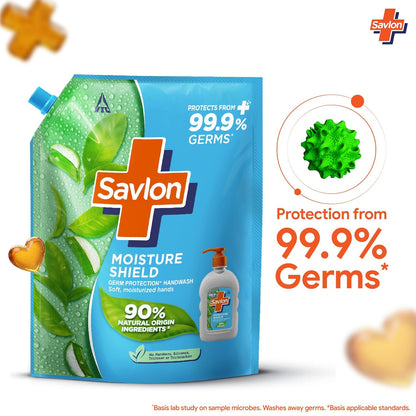 ITC Savlon Moisture Shield Germ Protection Liquid Handwash Refill Pack 1.3L | 99.9% Germ Protection | 90% Natural Origin Ingredients | Family Size Refill Hand wash | Value Pack