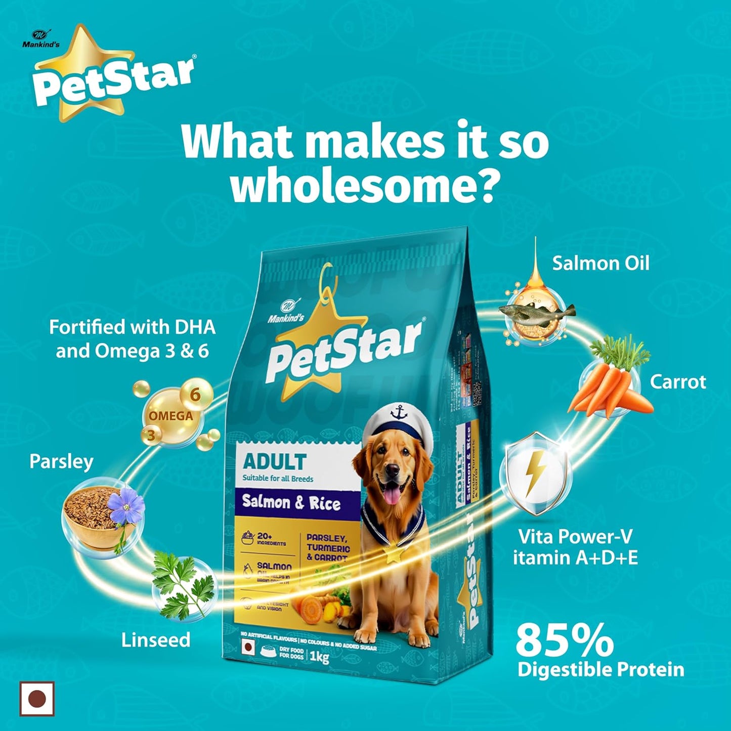 Mankind Petstar Adult Dry Dog Food (High Protein) Salmon & Rice Flavor, 1kg Pack | Improves Muscle & Strength, Supports Immunity, Protects Liver & Kidney