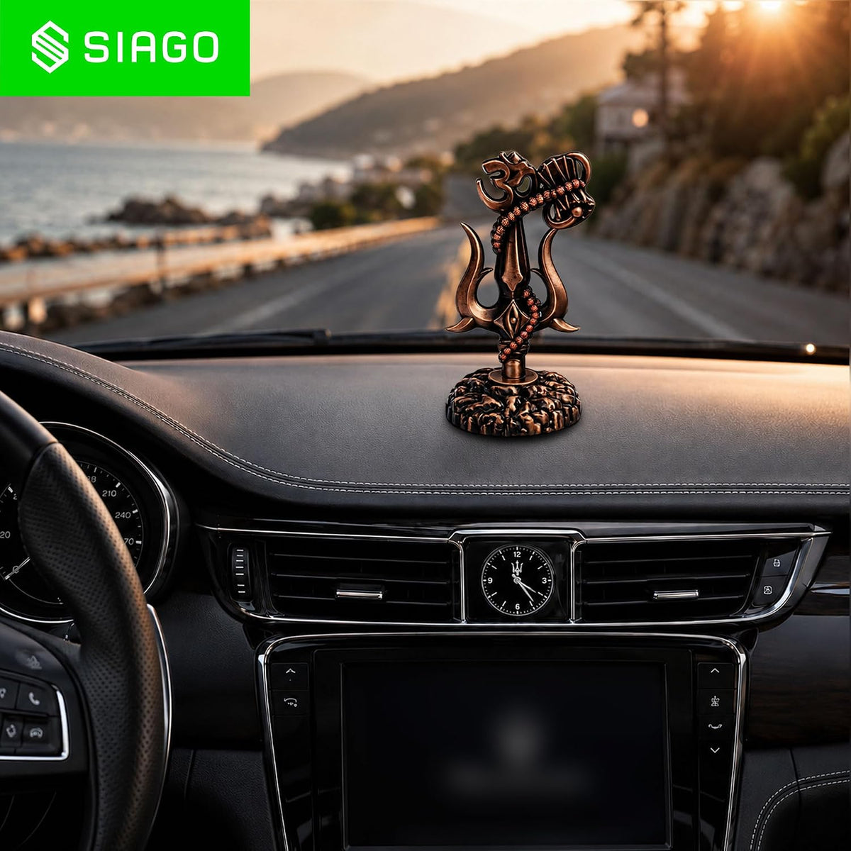 Shiv Trishul Damru & Om Idol | Metal Shiva Showpiece for Mandir & Car Dashboard Brown SIA480