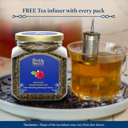 Blue Nectar Green Tea Leaves with Rose for Relaxation with Green Tea Strainer | Eco Friendly Glass Jar | 100% Natural, Handpicked from the Himalayas | (65g)
