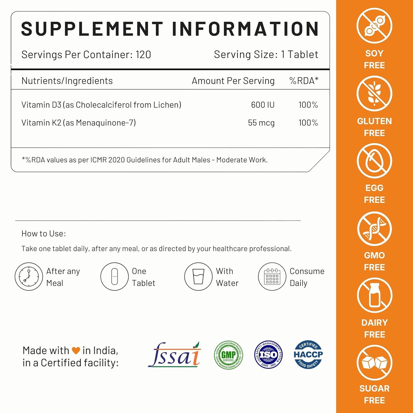 Nutrabud Vitamin D3 K2 MK7-120 Veg Tablets - 600 IU - 100% RDA Plant-Based Vitamin D3 Supplement from Lichen Source with Vitamin K2 as MK7 Menaquinone (Pack of 1)