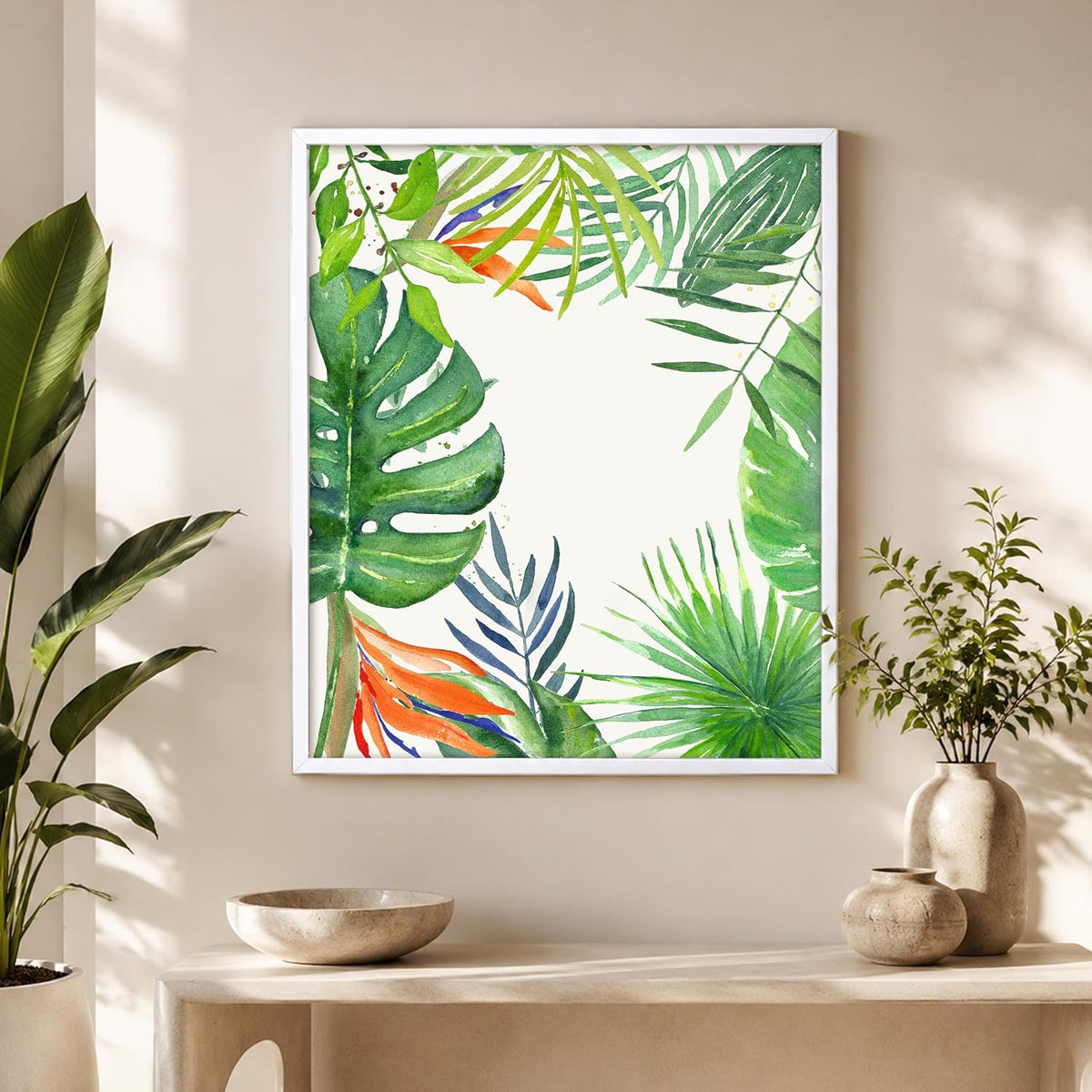 Tropical Green Leaves Framed Canvas Wall Art Painting for wall decoration | Botanical Leaf Nature Inspired Painting for Living Room, Bedroom and Office, 11x13 Inch