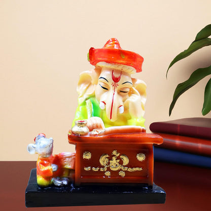 Lord Ganesh ji Reading Ramayan Beautiful Vinayak Ji Munshi Statue | Best for Home & Office Decor, Car Dashboard Showpiece Decoration Item Ideal Gifting (Munshi Ganesh)
