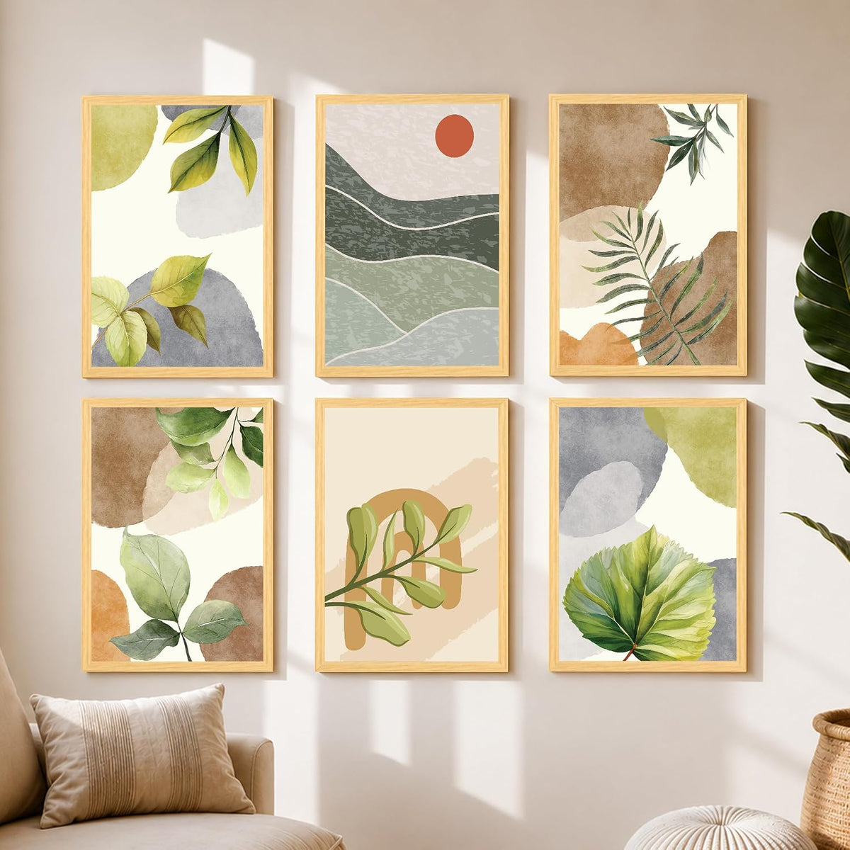 Botanical Abstract Framed Painting Wall Art Set of 6 | Green Leaf & Landscape Prints | Soft Neutral Tones | Engineered wood Frame Wall Décor, (Size: A3)