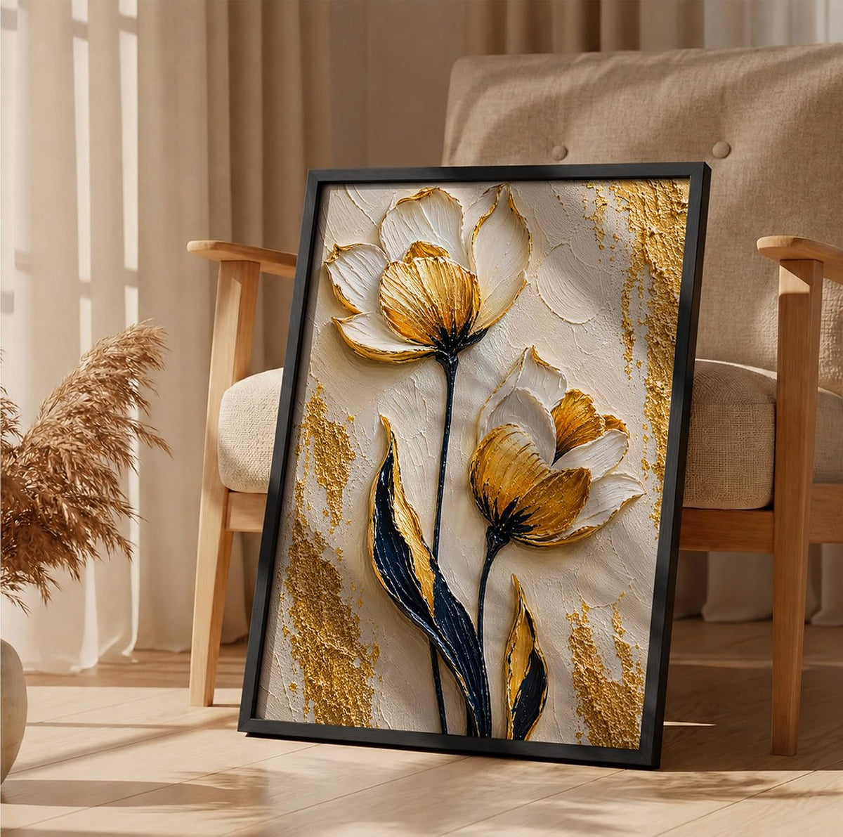White Gold Flowers Framed Wall Art, Black, 10x13 Inches