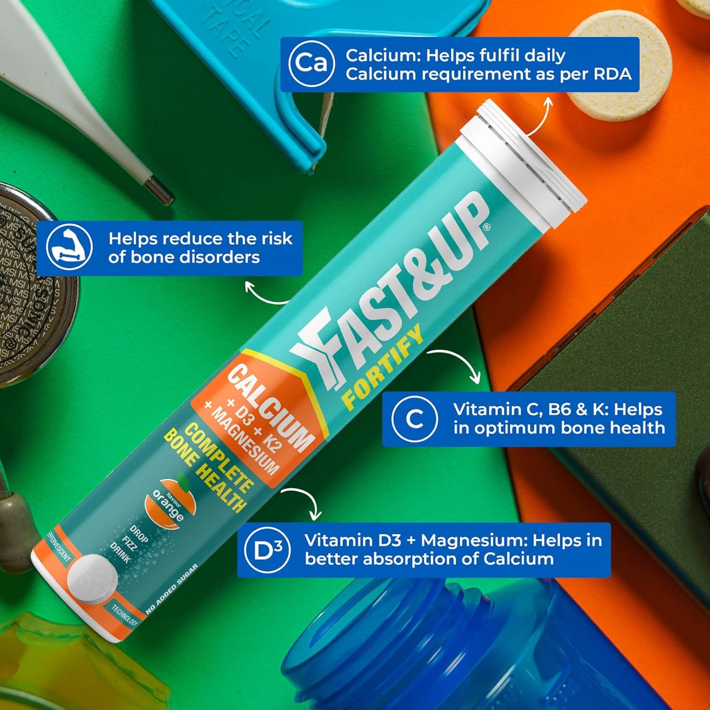 Yeast&Up Calcium supplement tube on a colorful background with health benefits text.