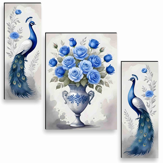 flower with couple peacock Paintings for Wall Decoration - Set Of 3, 3d Painting for Living Room Large Size with Frames for Home Decoration, Hotel, Office painting 50.8 cm x 30.48 cm A-JM-36045