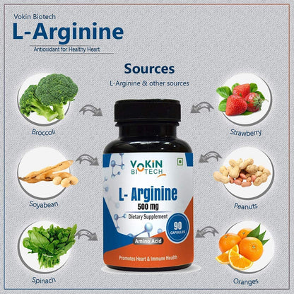 Vakin Biotech L-Arginine supplement bottle with sources of the nutrient displayed around it.