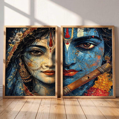 Set of 2 Framed Wall Art Prints, Premium HD Modern Wall Decor for Living Room, Bedroom, Office & Home, Abstract, Spiritual, Floral, Nature, Botanical & Boho Artwork, Ready to Hang (Radha krishna 2, 13X19, Brown)