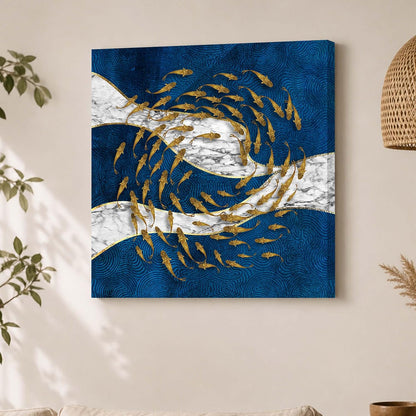 Nordic Moon Fish Stretched Canvas Painting for Living Room | Abstract Ocean Wildlife Wall Décor Art For Livingroom, Bedroom, Office, Hallways - 16x16 Inch