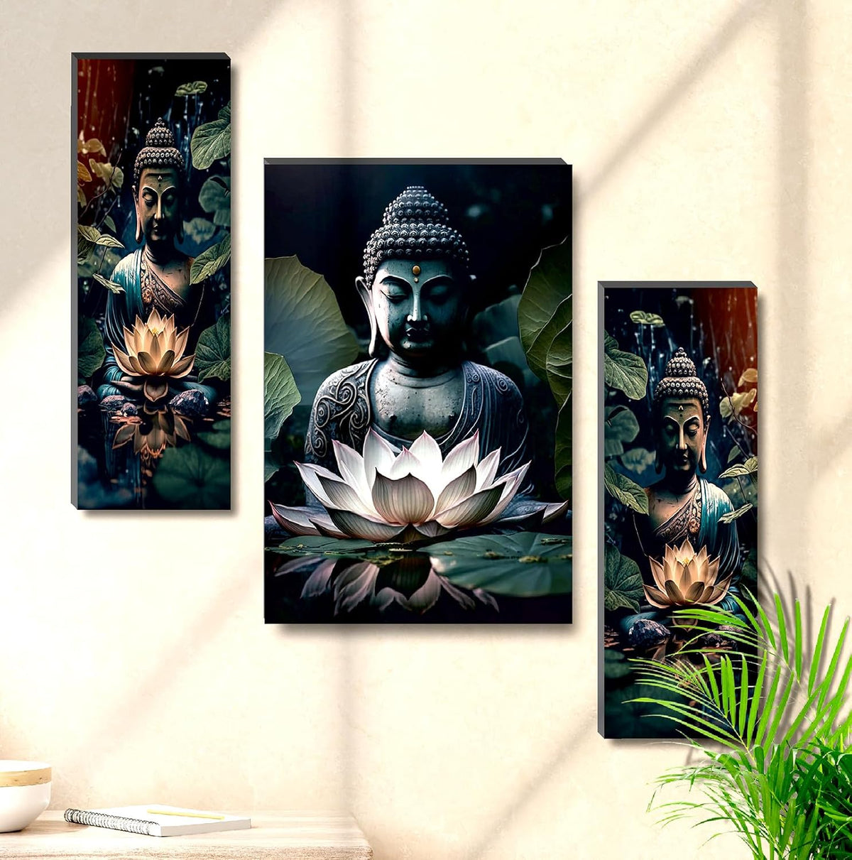 Buddha & Lotus Wall Art – 3-Panel UV-Printed Zen Triptych | Ready-to-Hang Spiritual Home Décor (20 Inch x 12 Inch) JM-35297