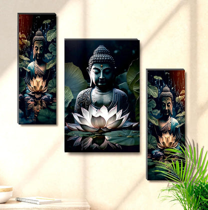Buddha & Lotus Wall Art – 3-Panel UV-Printed Zen Triptych | Ready-to-Hang Spiritual Home Décor (20 Inch x 12 Inch) JM-35297