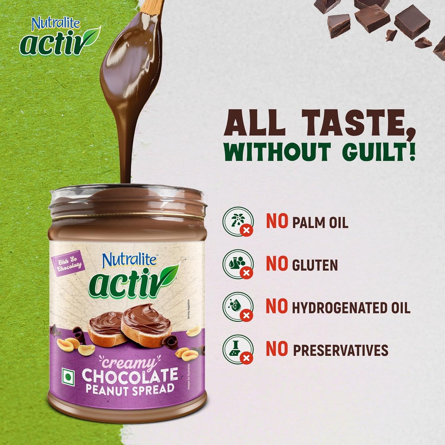 Nutralite Activ Peanut Spread – Chocolate Creamy with 20g protein per 100g, No preservatives, Gluten free, Zero trans-fat, High Dietary Fibre, With dark choco chips, 1kg Jar