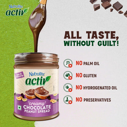 Nutralite Activ Peanut Spread – Chocolate Creamy with 20g protein per 100g, No preservatives, Gluten free, Zero trans-fat, High Dietary Fibre, With dark choco chips, 1kg Jar