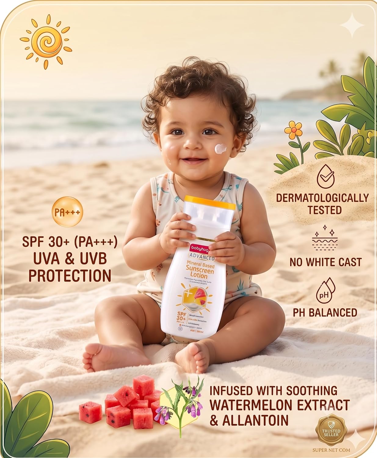 BABYHUG Advanced Mineral Based Sunscreen Lotion with SPF 30 +, PA+++,UVA/UVB Protection 200ML(Pack Of 1)