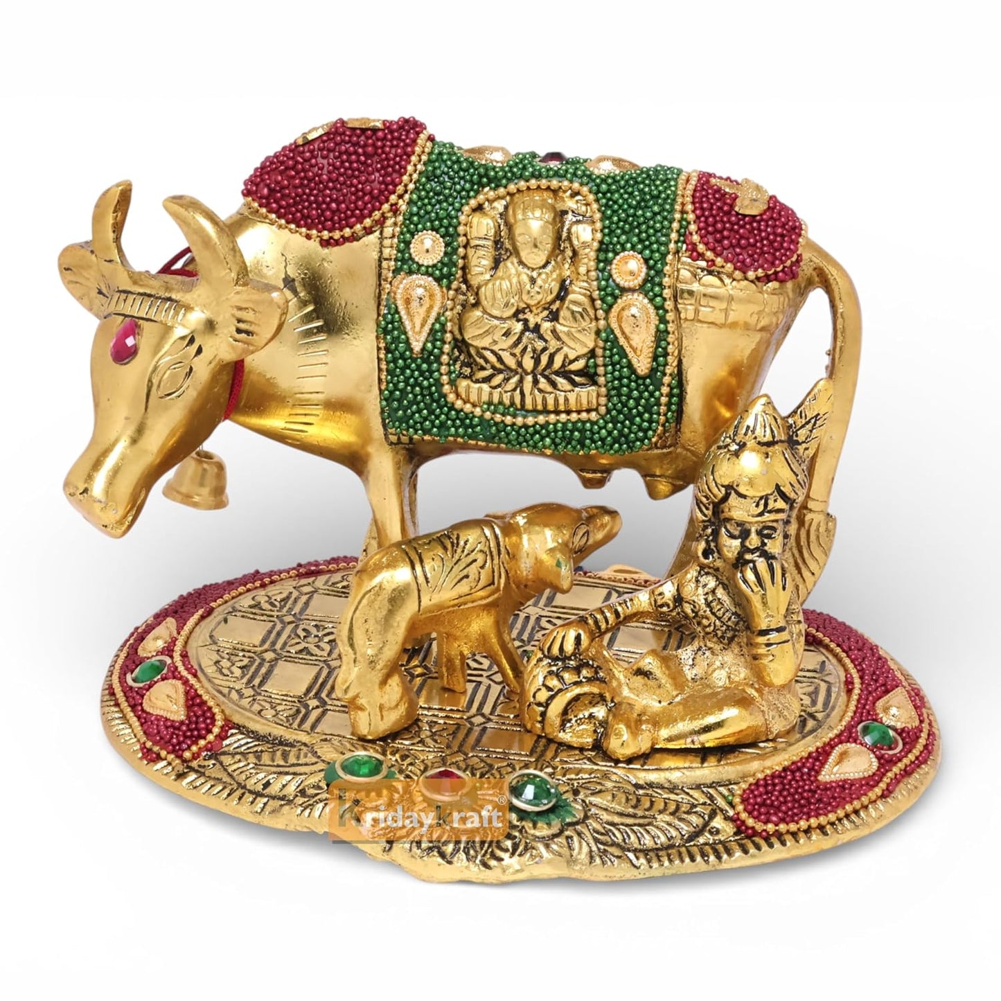 KridayKraft Kamdhenu Cow,Calf with Bal Gopal Krishna Metal Statue for Good Luck,Feng Shui As Table Top Figurine,Vastu,Religious Gau MATA Idol Home,Office&Table Decorative,Animal.