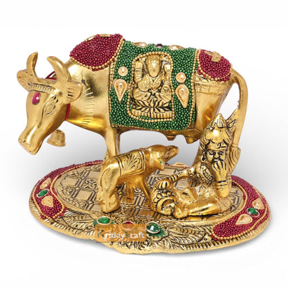 KridayKraft Kamdhenu Cow,Calf with Bal Gopal Krishna Metal Statue for Good Luck,Feng Shui As Table Top Figurine,Vastu,Religious Gau MATA Idol Home,Office&Table Decorative,Animal.