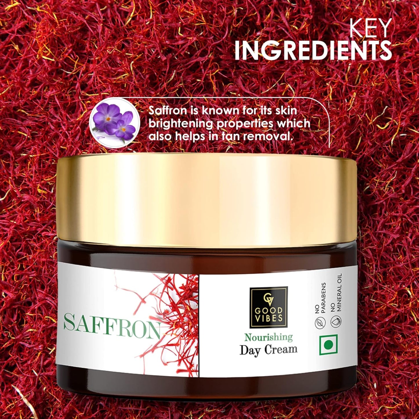 Good Vibes Saffron Nourishing Face Cream, 50 g Deep Moisturization For Radiant Glowing Skin, Helps Reduce Wrinkles & Fine Lines, Natural, No Parabens & Sulphates, No Animal Testing