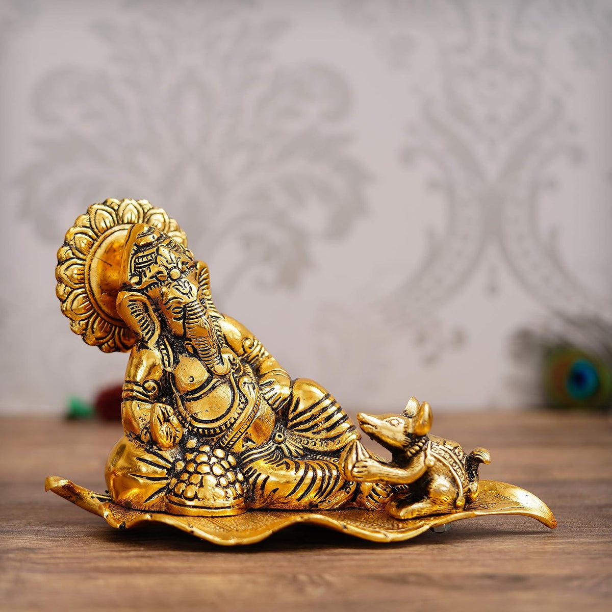 Golden Metal Lord Ganesha Statue Sitting On a Leaf with Mouse | Ganesha Idol for Home Decor Car Dashboard | Ganpati Murti Gift for Diwali Housewarming