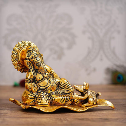 Golden Metal Lord Ganesha Statue Sitting On a Leaf with Mouse | Ganesha Idol for Home Decor Car Dashboard | Ganpati Murti Gift for Diwali Housewarming