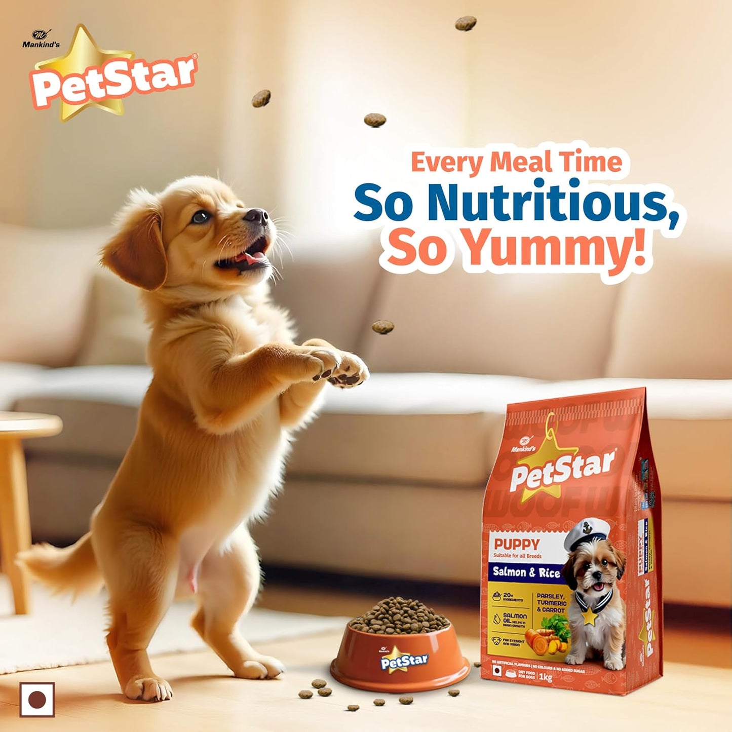 Mankind Petstar Puppy Dry Dog Food (High Protein) Salmon & Rice Flavor, 1kg Pack | Improves Muscle & Strength, Supports Immunity, Protects Liver & Kidney