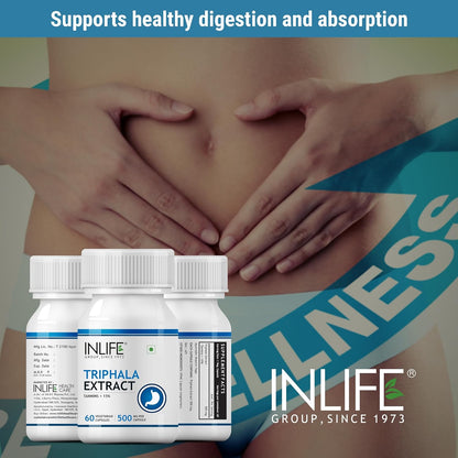 INLIFE Triphala Capsules | Tannins > 15% | Amlaki Haritaki and Bibhitaki | Digestion Support Supplement, 500 mg - 60 Vegetarian Capsules (Pack of 1)