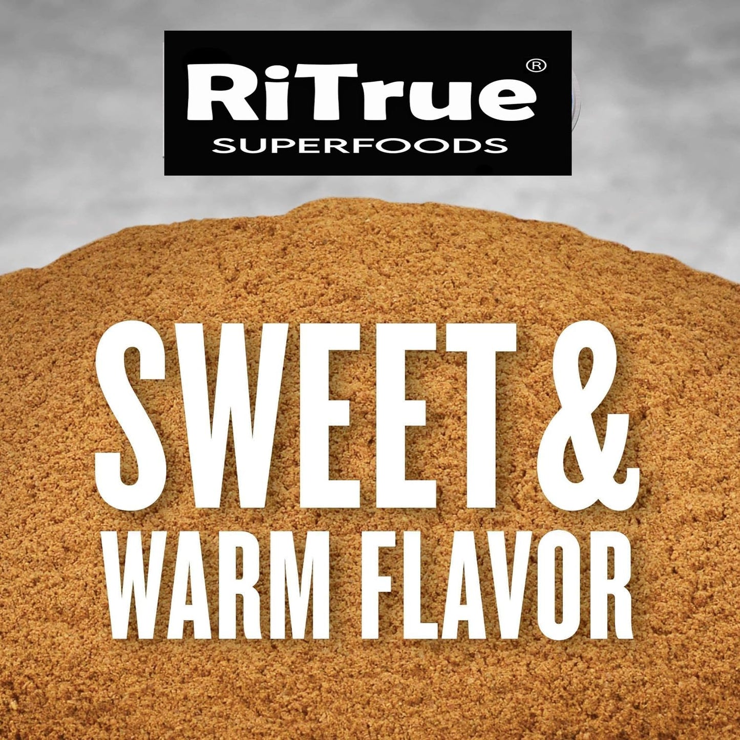 RiTrue Superfoods product with brown powder and text 'Sweet & Warm Flavor' on a gray background