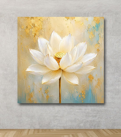 Lotus Flower Painting for Wall Vastu (15+ DESIGNS) Framed Lotus Canvas Painting for Living Room, Bedroom | Nature Floral Wall Art with Multiple Design Variations (White Abstract Lotus, 18x18 Inch, Framed)